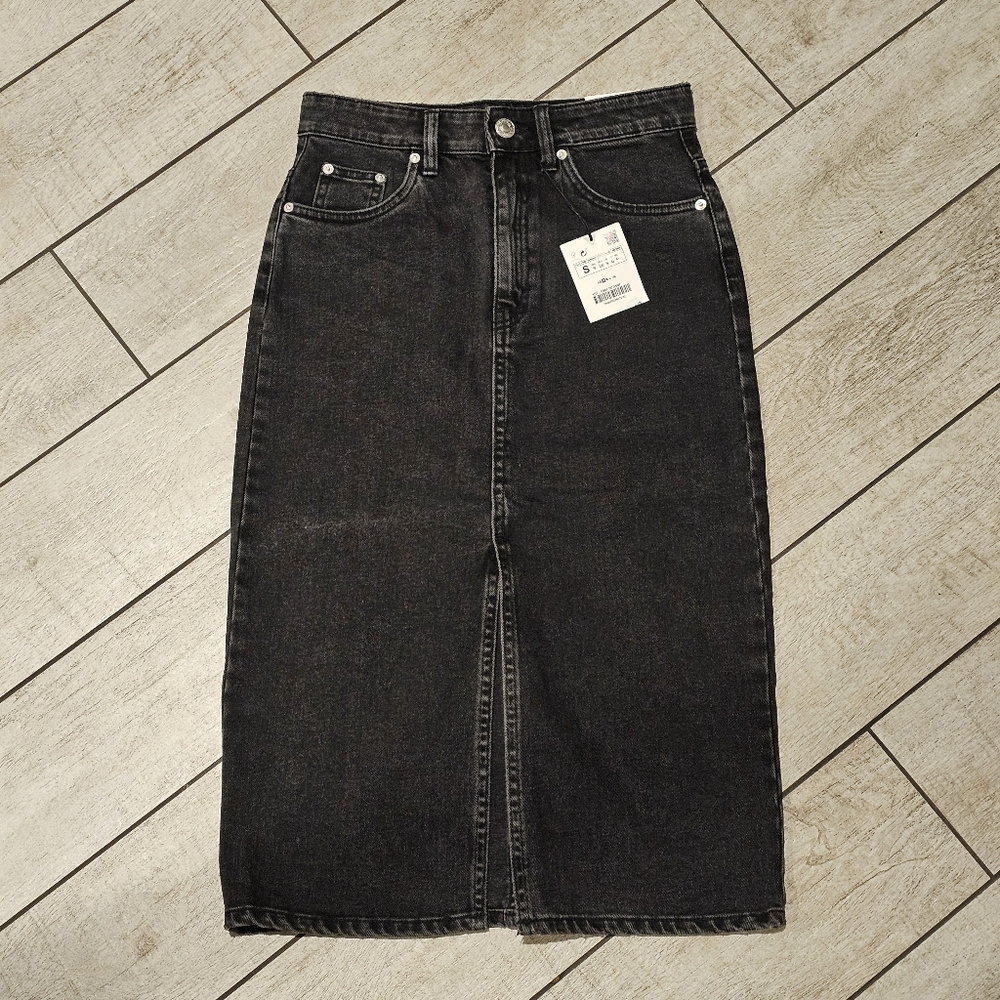 Zara Skirt Denim Jean Slit Front High Waist Pencil Black Straight S Small New